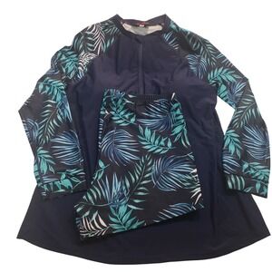 Women Swimsuit Rash Guard Long Sleeve Swim Top Short Tropical Leaf Print Set 18W